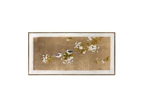 Maalaus kehystetty 60x120cm, lintu kultaisella pohjalla