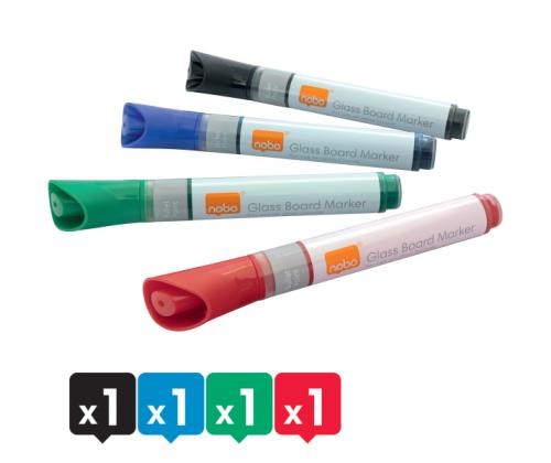 Lasitaulumerkkisetti NOBO Glass 4 värin pakkauksessa