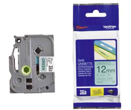 Kleepkirjalint/markeerimislint BROTHER TZE-731 12mm must rohelisel