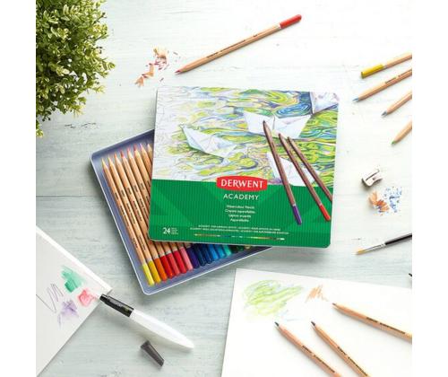 Akvarellikynät DERWENT Academy 24 väriä metallilaatikossa