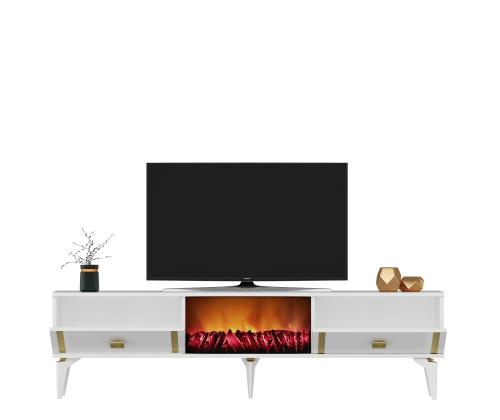 TV-pöytä Doruk takka - Valkoinen, kultainen