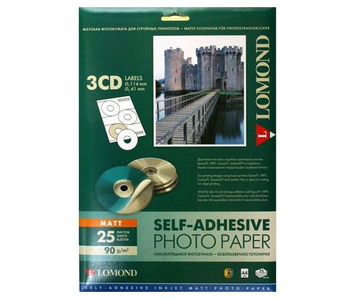 Lomond itseliimautuva mustesuihkuvalokuvapaperi matta A4, 25 arkkia x 3CD 114/41mm