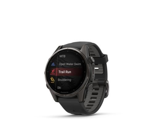Garmin Fenix 8 älykello 43 mm AMOLED Sapphire,Hiiliharmaa Ti.,Musta/Pebble harmaa silikoniranneke