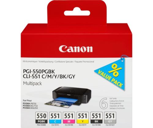 Canon PGI-550/CLI-551 (6496B005) 6 mustekasetin monipakkaus, PGBK/C/M/Y/BK/GY