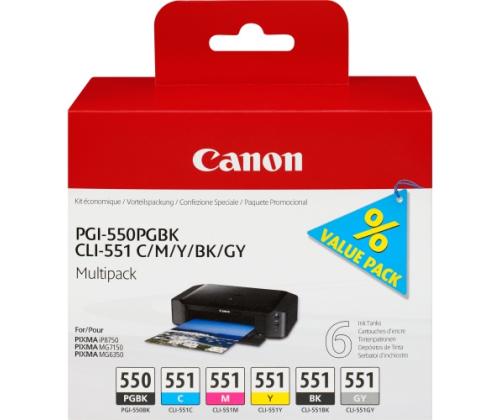 Canon PGI-550/CLI-551 (6496B005) 6 mustekasetin monipakkaus, PGBK/C/M/Y/BK/GY