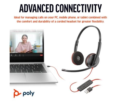 Poly Blackwire 3220 langalliset stereokuulokkeet, USB-C, USB-C/A-sovitin, musta