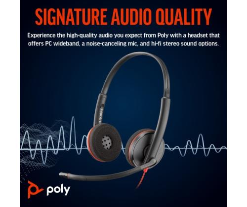 Poly Blackwire 3220 langalliset stereokuulokkeet, USB-C, USB-C/A-sovitin, musta