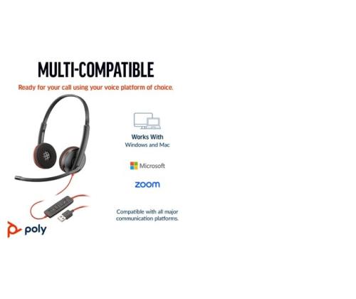 Poly Blackwire 3220 langalliset stereokuulokkeet, USB-C, USB-C/A-sovitin, musta