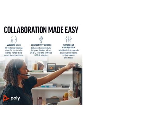 Poly Blackwire 3220 langalliset stereokuulokkeet, USB-C, USB-C/A-sovitin, musta