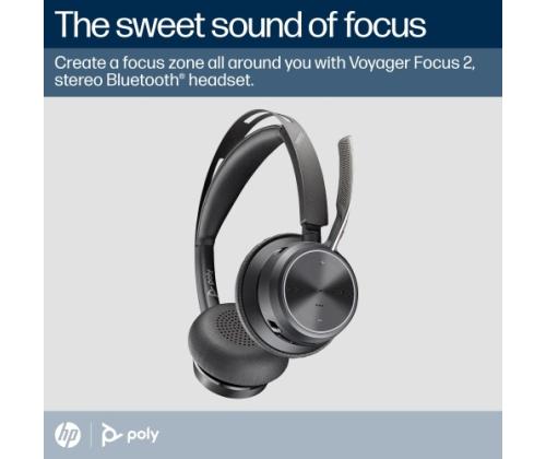 Poly Voyager Focus 2 MS Teams Langattomat kuulokkeet, Bluetooth, USB-C/A-sovitin, latausteline, musta
