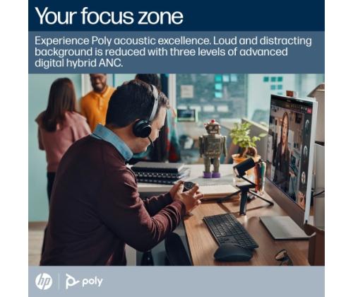 Poly Voyager Focus 2 MS Teams Langattomat kuulokkeet, Bluetooth, USB-C/A-sovitin, latausteline, musta