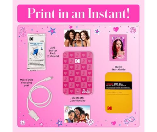 Barbie x Kodak STEP Slim Instant Mobile Photo printer Colour ZINK 2x3'' 1ppm, Bluetooth, vaaleanpunainen