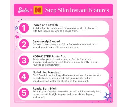 Barbie x Kodak STEP Slim Instant Mobile Photo printer Colour ZINK 2x3'' 1ppm, Bluetooth, vaaleanpunainen