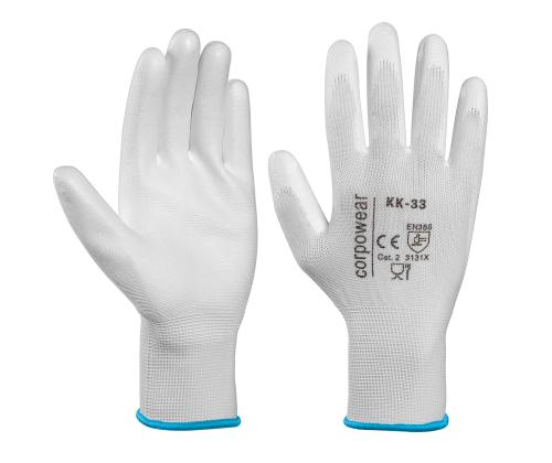 CORPOWEAR Polyesterikäsineet PU-pinnoitteella KK33 M/8 (valkoinen)