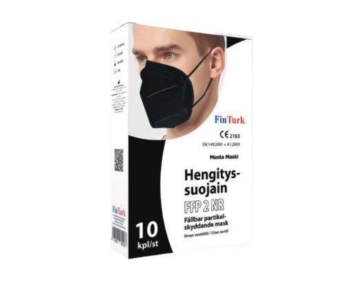 Suojanaamari hengityssuojain FinTurk CANBEY FFP2 ilman venttiiliä 10 kpl pakkauksessa musta