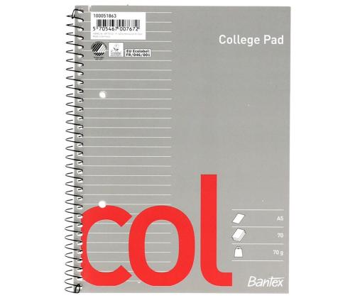 Kansio kierresidoksessa A5+ vuorattu BANTEX College Pad -pahvi kattaa 70 sivua
