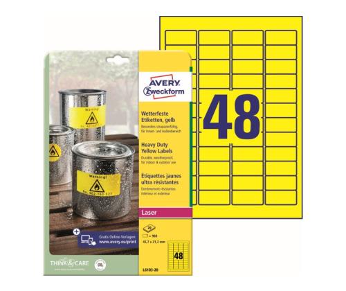 Tarratarra valmistettu polyesterikalvosta säänkestävästä AVERY Zweckform  45,7x21,2mm 20 arkkia keltainen (L6103-20)