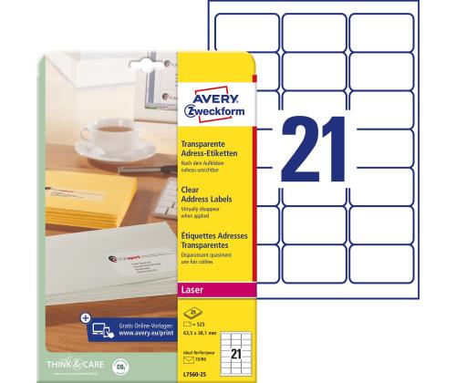 Tarratarra AVERY Zweckform 63,5x38,1mm läpinäkyvä polyesterikalvo 25 arkkia (L7560-25)