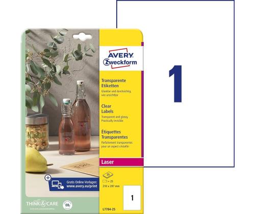 Tarratarra läpinäkyvästä polyesterikalvosta AVERY Zweckform 210x297mm 25 arkkia (L7784-25)