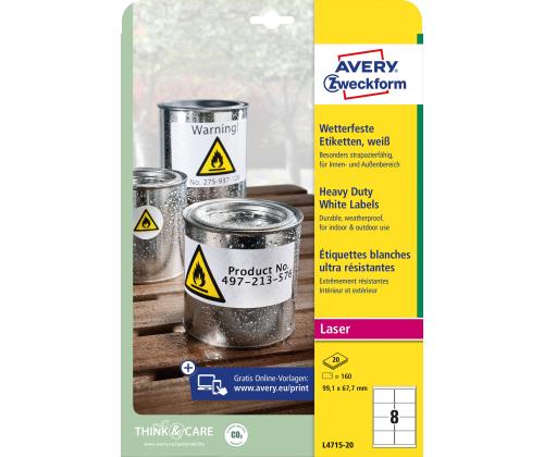 Tarratarra polyesterikalvosta säänkestävä AVERY Zweckform 99.1 x 67.7mm 20l pysyvällä liimalla (L4715-20)