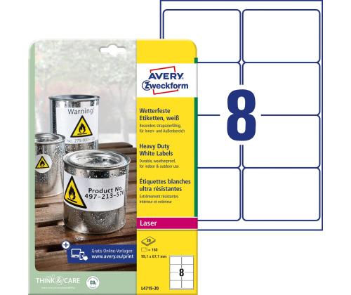 Tarratarra polyesterikalvosta säänkestävä AVERY Zweckform 99.1 x 67.7mm 20l pysyvällä liimalla (L4715-20)