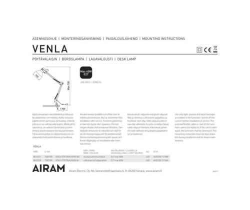 Pöytävalaisin Venla musta (E27)