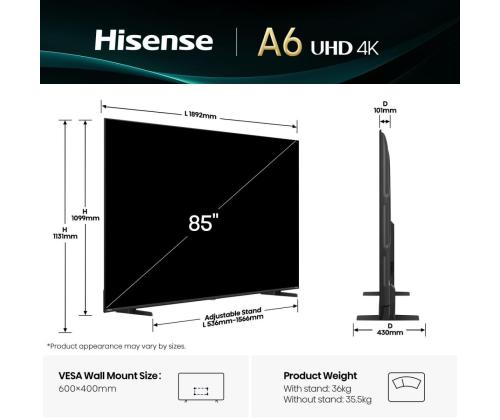 TV-sarja HISENSE 85 " 4K Ultra HD 3840 x 2160 pikseliä Flat 16:9 LED 85A6Q