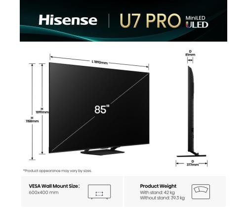TV-sarja HISENSE 85 " 4K Ultra HD 3840 x 2160 pikseliä Flat 16:9 ULED 85U7QPRO 85U7QPRO 85U7QPRO