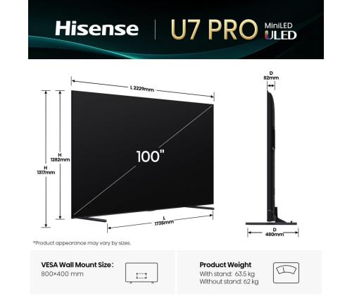 Televisio HISENSE 100 " 4K Ultra HD 3840 x 2160 pikseliä Flat 16:9 ULED 100U7QPRO 100U7QPRO