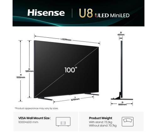 TV-sarja HISENSE 100 " 4K Ultra HD 3840 x 2160 pikseliä Flat 16:9 ULED 100U8Q 100U8Q