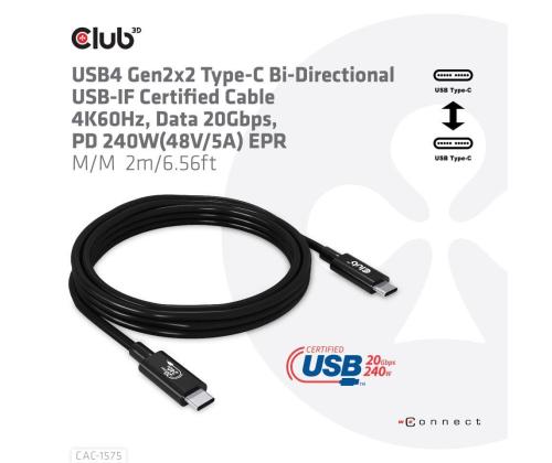 KAAPELI USB-C USB-C 2M/M/M CAC-1575 CLUB3D