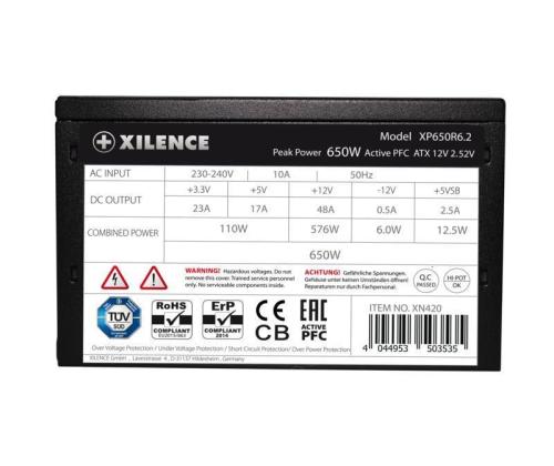 Virtalähde XILENCE Performance C+ XP650R6.2 650 wattia Tehokkuus 80 PLUS PFC aktiivinen XN421BULK XN421BULK