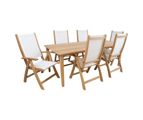 Ruokapöytäsetti MALDIVE pöytä 220x100xH75cm, 6 kokoontaitettavaa tuolia 60x70xH110cm, tiikkipuuta