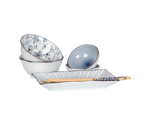 Setti SOMETSUKE 4-kulho, maljakko ja syömäpuikot, sininen