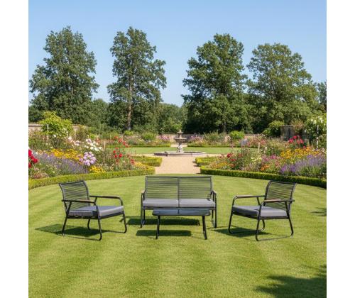 Puutarhakalustesarja MACOS pöytä, sohva ja 2 tuolia, harmaa/musta