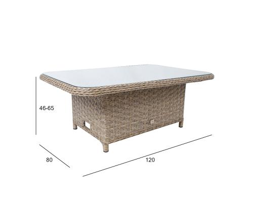 Pöytä PACIFIC 120x80xH46/65cm, harmaa-beige, lasi, muovipunos, alumiini