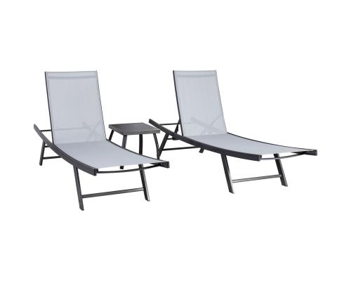 Lepotuolisarja ARIO harmaa, 2 lepotuolia 63x187xH40cm, pöytä 43x43xH40cm, teräs, tekstiiliistuin