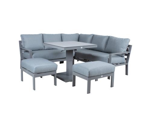 Puutarhakalustesarja RIO pöytä, kulmasohva ja 2 tumbaa, harmaa beige