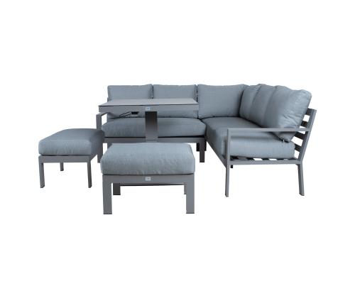 Puutarhakalustesarja RIO pöytä, kulmasohva ja 2 tumbaa, harmaa beige