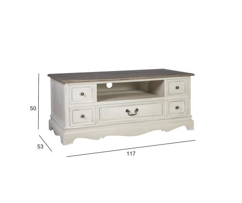 TV-pöytä SAMIRA UUSI, 5 laatikkoa, 117x53xH50cm, materiaali: puu, väri: antiikki valkoinen/ruskea