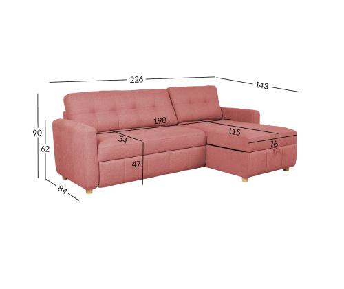 Kulmasohva WAIOLA 226x84/143xH90cm, vaaleanpunainen väri