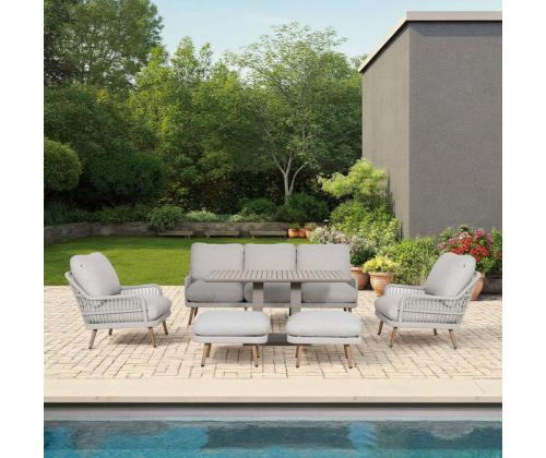 Puutarhakalustesarja MARENDA pöytä, sohva, 2 nojatuolia ja 2 ottomaania, harmaa/beige