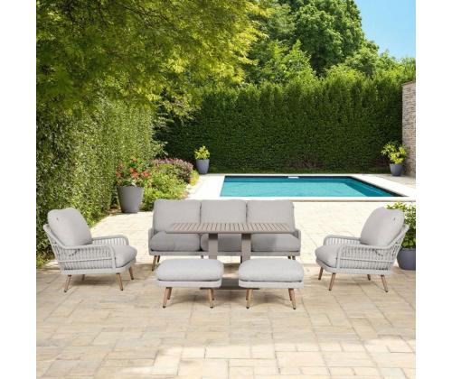 Puutarhakalustesarja MARENDA pöytä, sohva, 2 nojatuolia ja 2 ottomaania, harmaa/beige