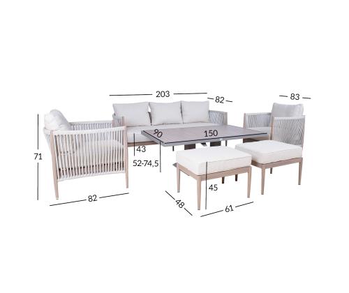 Puutarhakalustesarja MEDINA pöytä, sohva, 2 nojatuolia ja 2 tuolia, beige