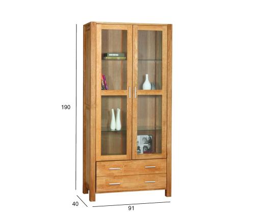 Vitriinikaappi CHICAGO NEW, jossa 2 lasiovea ja 2 laatikkoa, 91x40xH190cm, puu: tammiviilu/MDF, väri: luonnonväri, öljytty puu