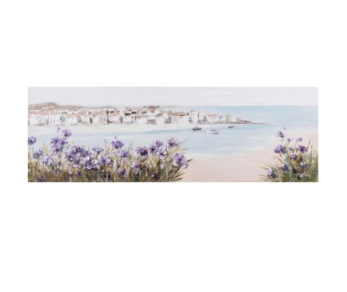 Öljyvärimaalaus 50x150cm, ranta/kukkia