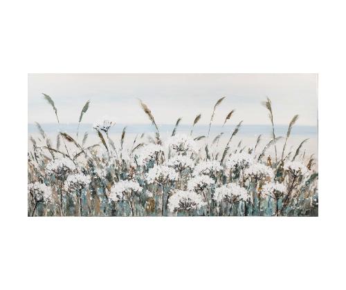 Öljyvärimaalaus 70x140cm, valkoinen kenttä kukkia