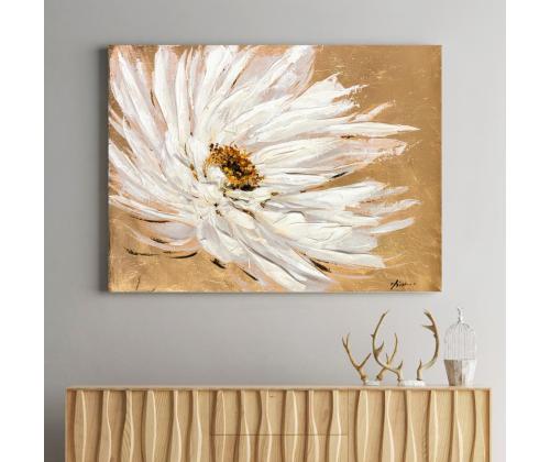 Öljymaalaus 90x120cm, valkoinen kukka beigellä taustalla