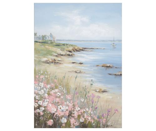 Öljyvärimaalaus 70x100cm, kukkia rannalla