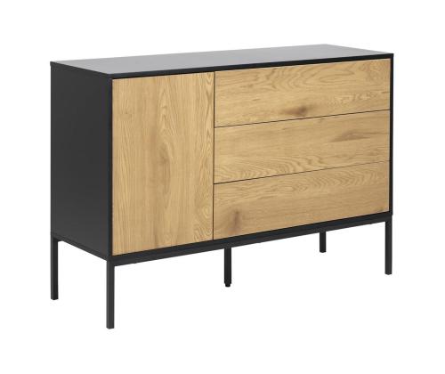 Lipasto SEAFORD, 120x40xH82cm, 3 laatikkoa, runko: MDF, musta matta, 1 ovi: huonekalulevy laminoidulla pinnoitteella, väri: tammi